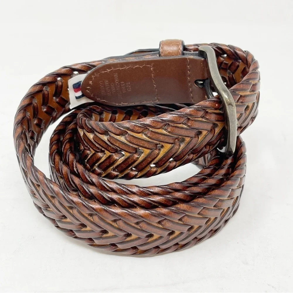 TOMMY HILFIGER Men’s Fully Adjustable Braided Belt Brown Woven Vegan Leather 42